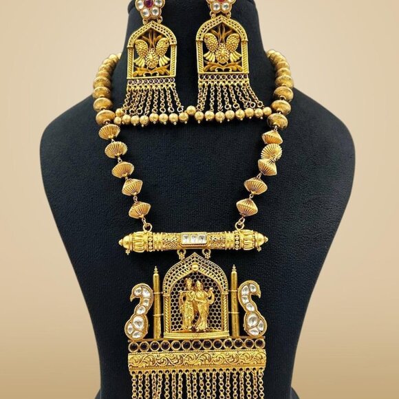 Exclusive Radha Krishna Golden Polish Tample Jewellery Necklace Earrings Set - Picture 2 of 3